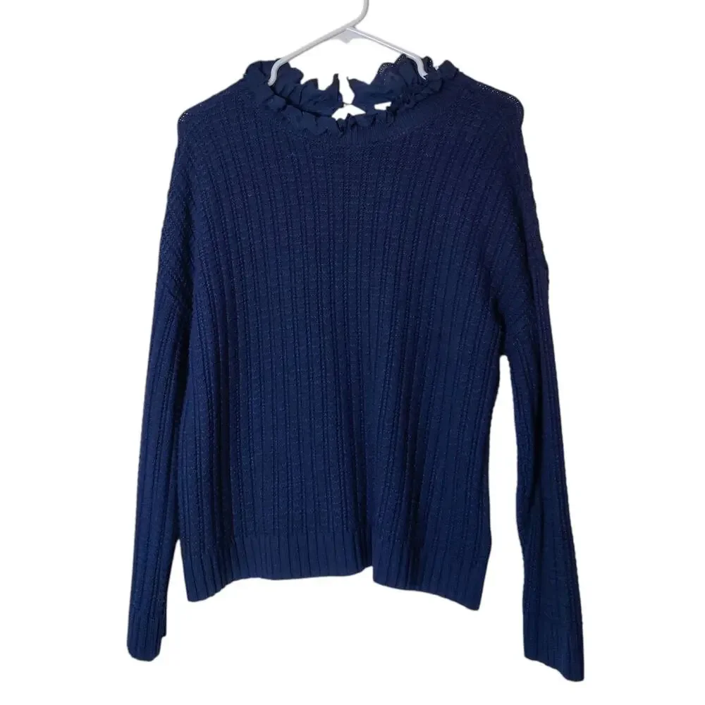 Lilla P Ruffle Collar Fisherman Knit Cotton Sweater XS Navy Blue Nautical Preppy